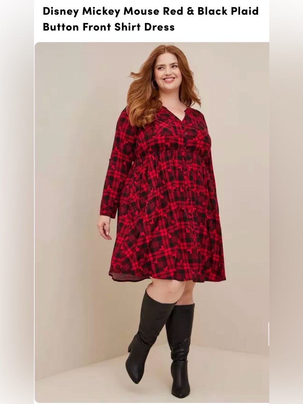 Torrid Disney Mickey Mouse Red & Black Plaid Button Front Shirt Dress